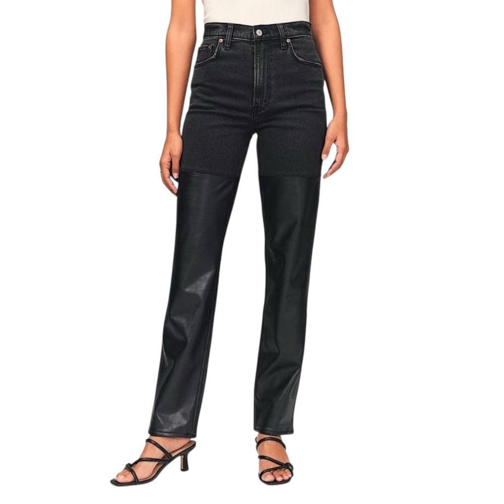 Abercrombie & Fitch Ultra High Rise 90’s Straight Leather & Denim Pants SZ 2